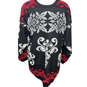 80s Paul Harris Black Red White Fair Isle Knit Long Sweater Size M Wool Blend